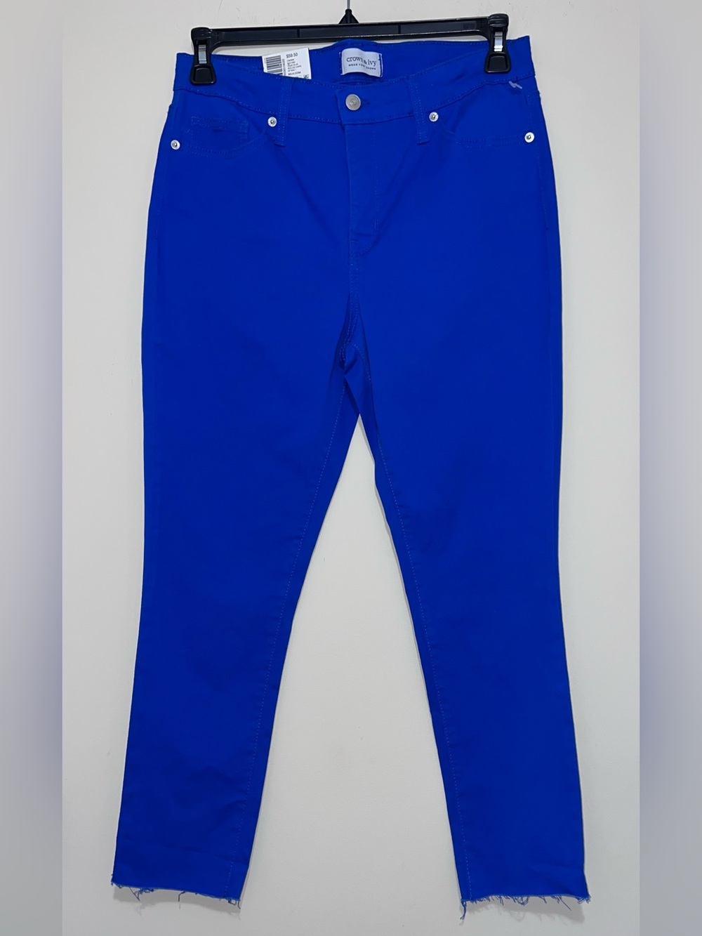 Crown & Ivy Ollie Blue Rolled Capri Frayed Hem High Rise Skinny Crop Pants Sz 8